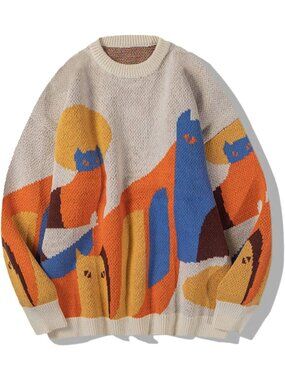 Vintage Oversized Graphic Cat Sweater | Color Block Knit Pullover for Christmas